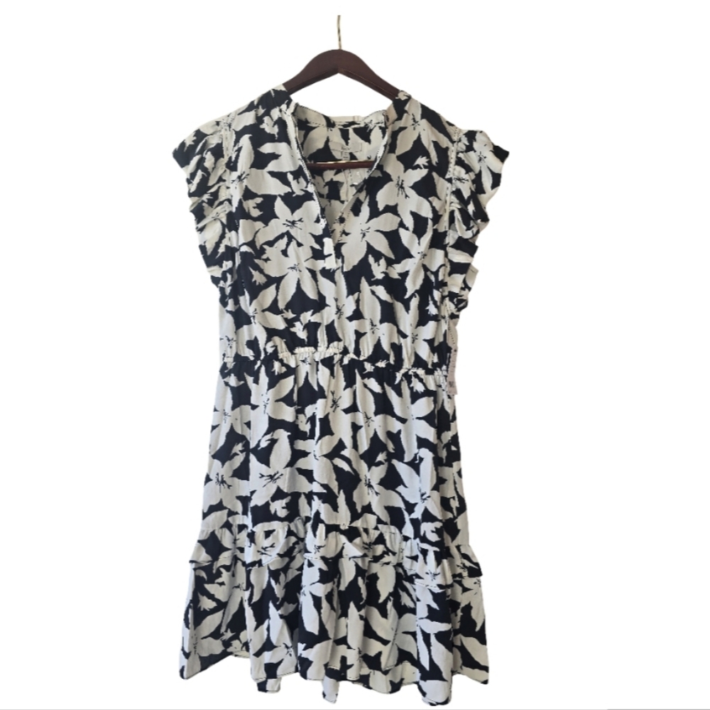 NWT Joie Krystina Ruffle Trim Floral Dress Black & White “Deep Sea” Size L